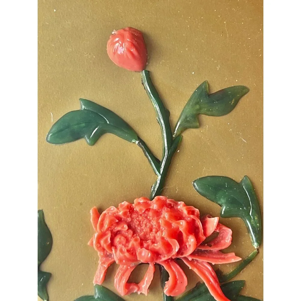 Chinese Carved faux Coral & Faux Jade Wall Art With Vase & Fish Design In Black - Picture 3 of 13